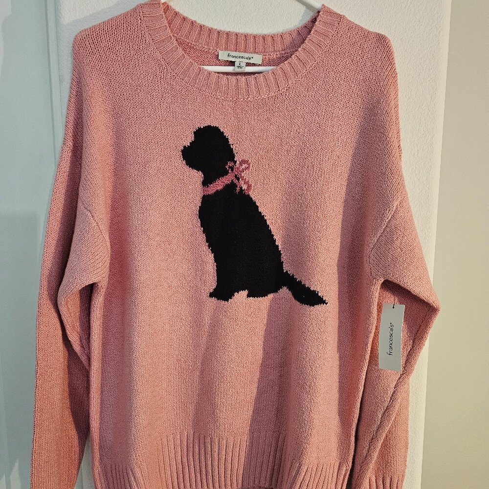 Brand New Francesca's Bow Dog Graphic Pullover Sweater in pink Women Large
